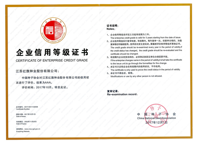 "AAA" grade enterprise credit evaluation by China Seed Association